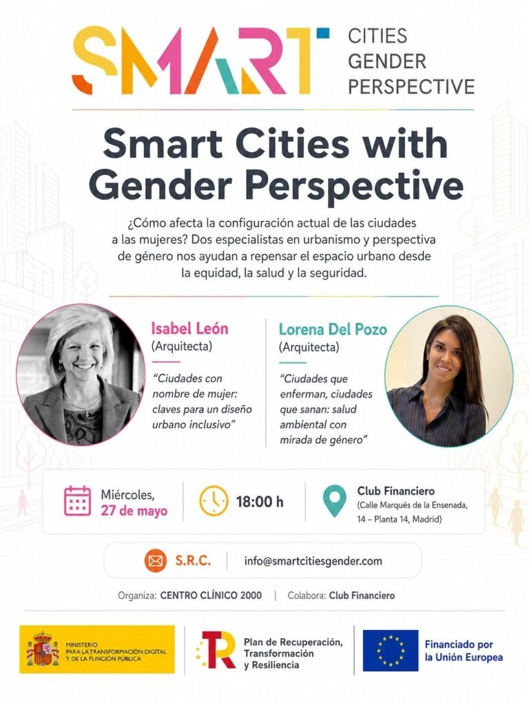 Cartel del evento Smart Cities with Gender Perspective con las arquitectas Isabel León y Lorena Del Pozo, organizado por Centro Clínico 2000 el 27 de mayo en el Club Financiero de Madrid.